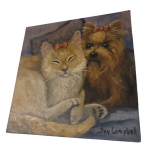 Cat and dog tile art painting long hair cat Yorkshire Terrier bow